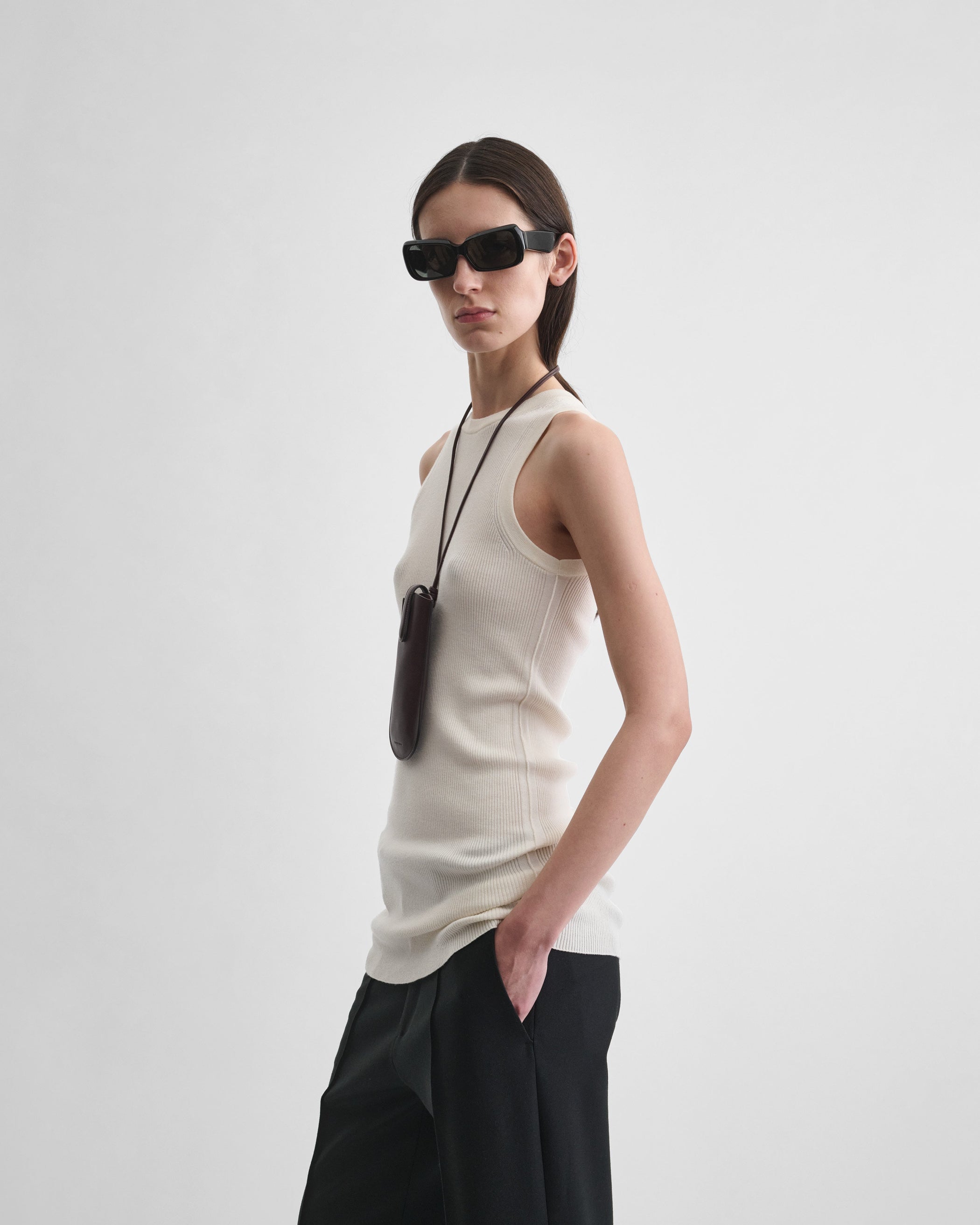 View of RIB TANK in cream wool