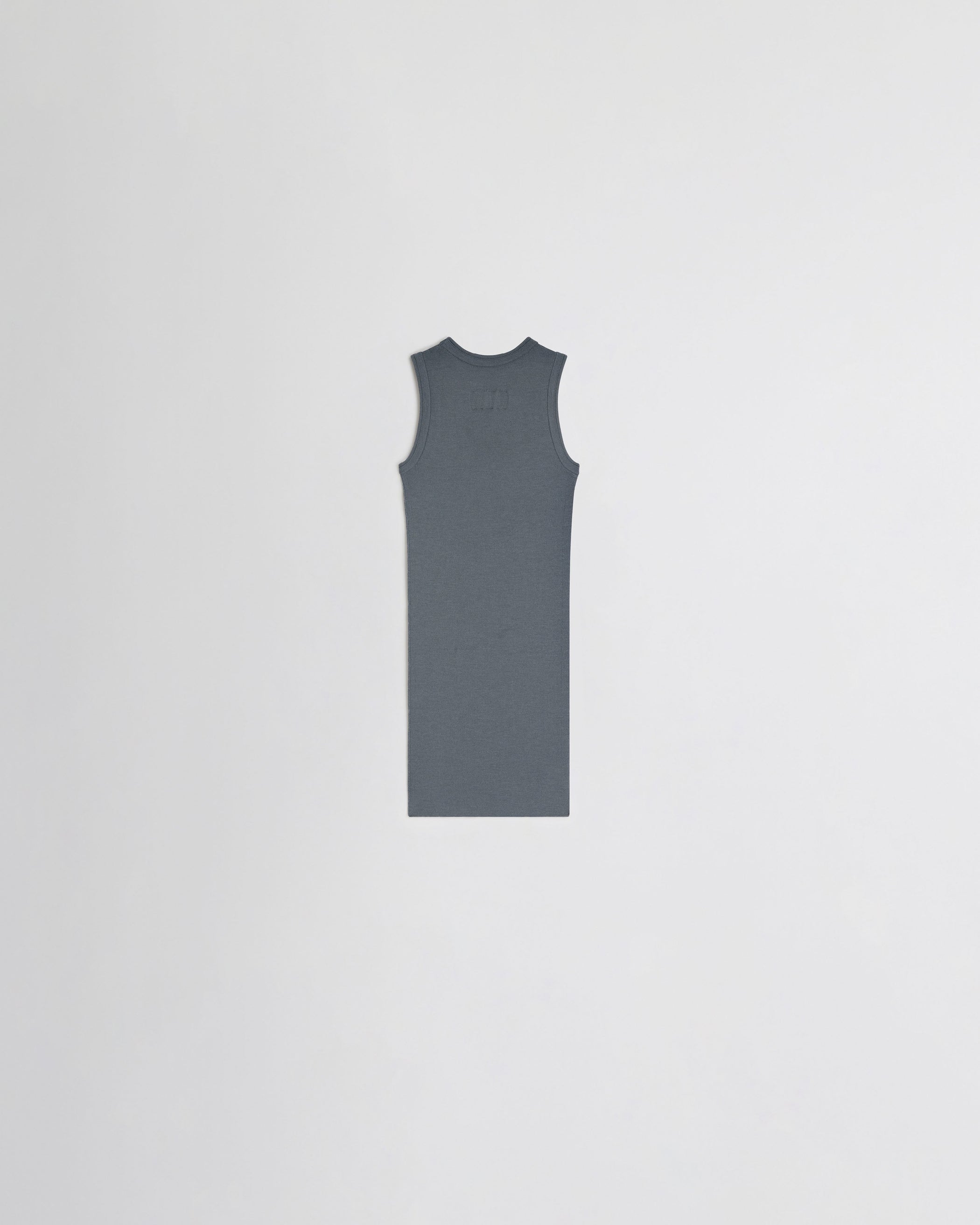 Flat back view of RIBBED TANK in moss green wool