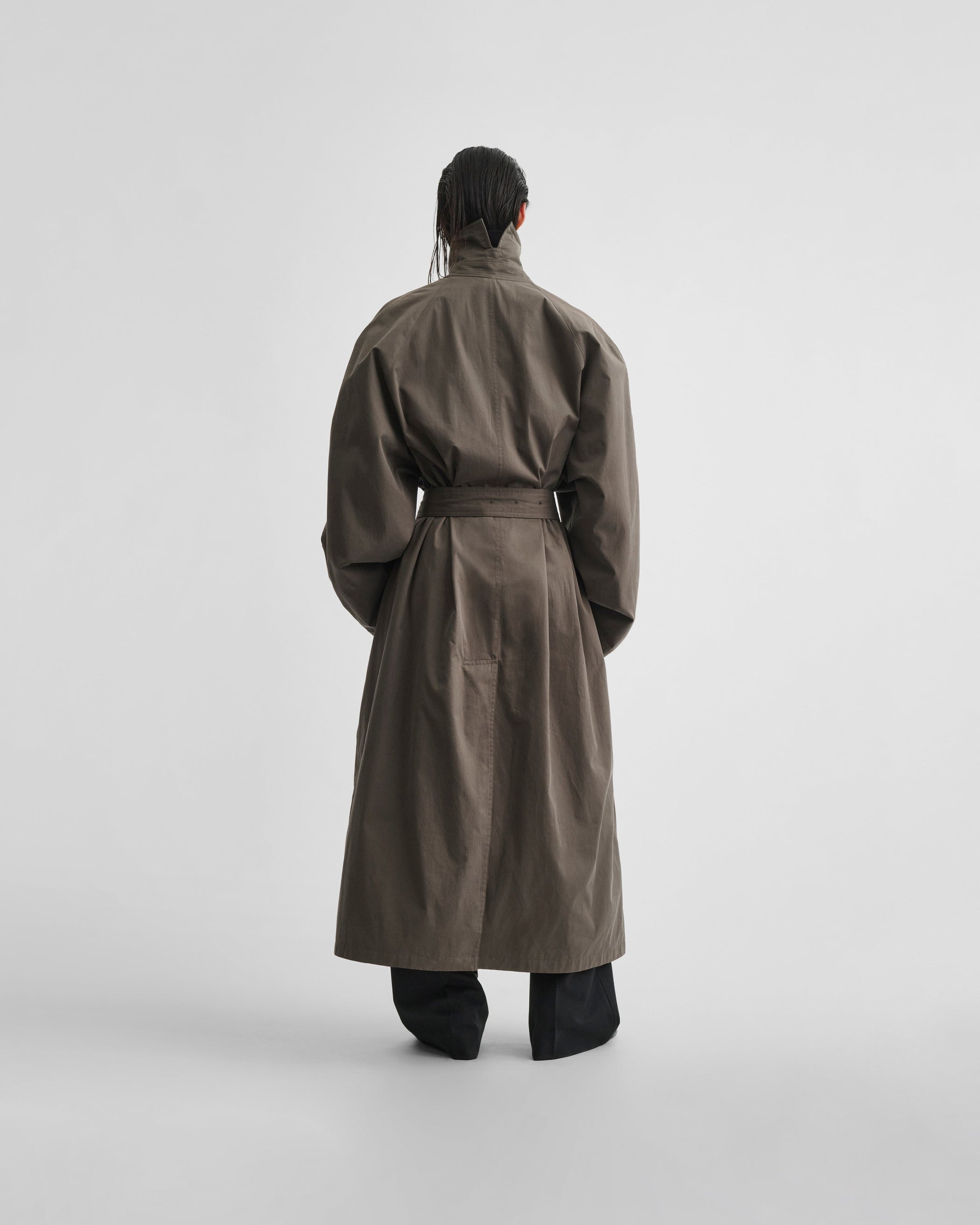 Back full length model view of the Big trench in sage