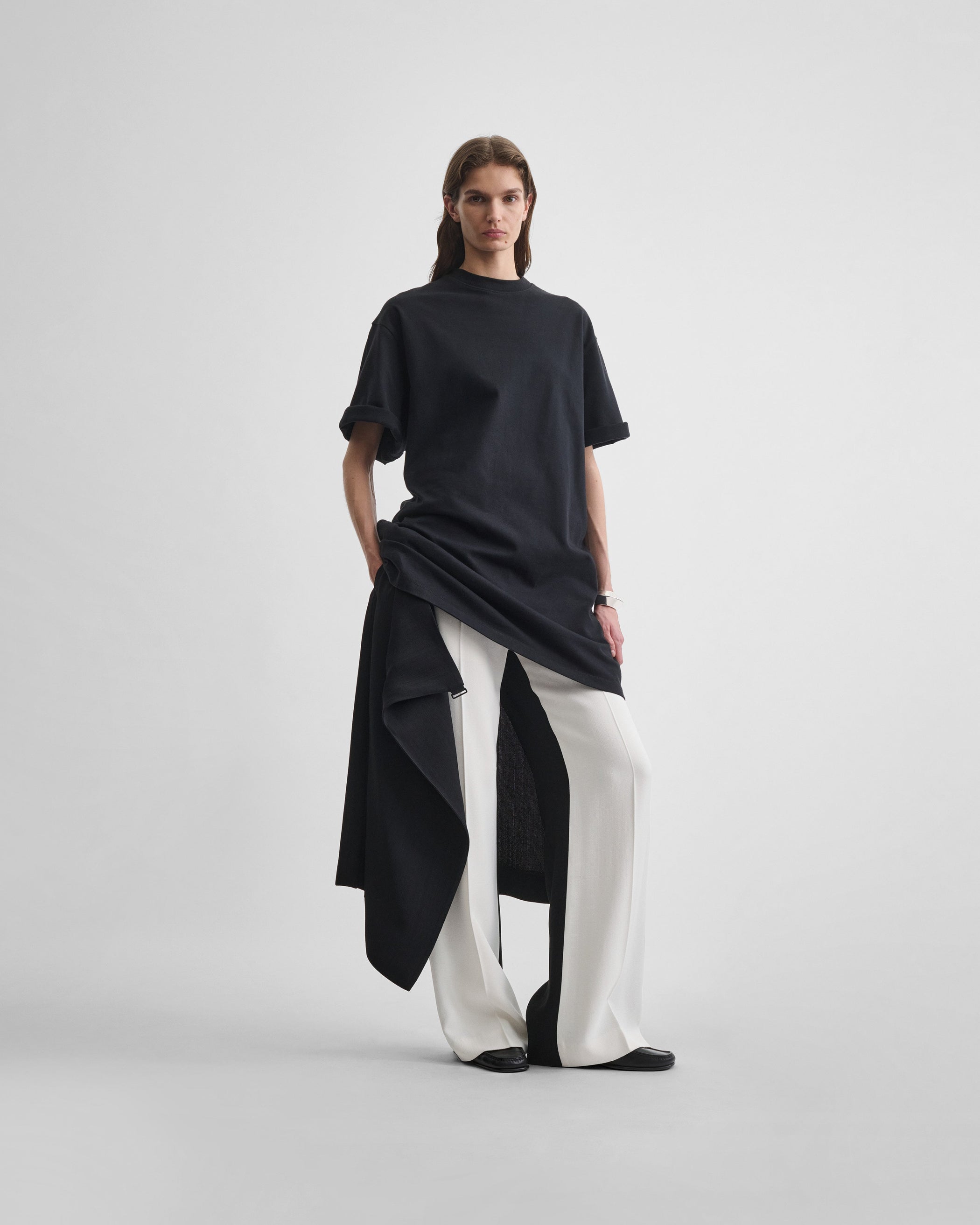 View of APRON TROUSERS in black/white woven viscose