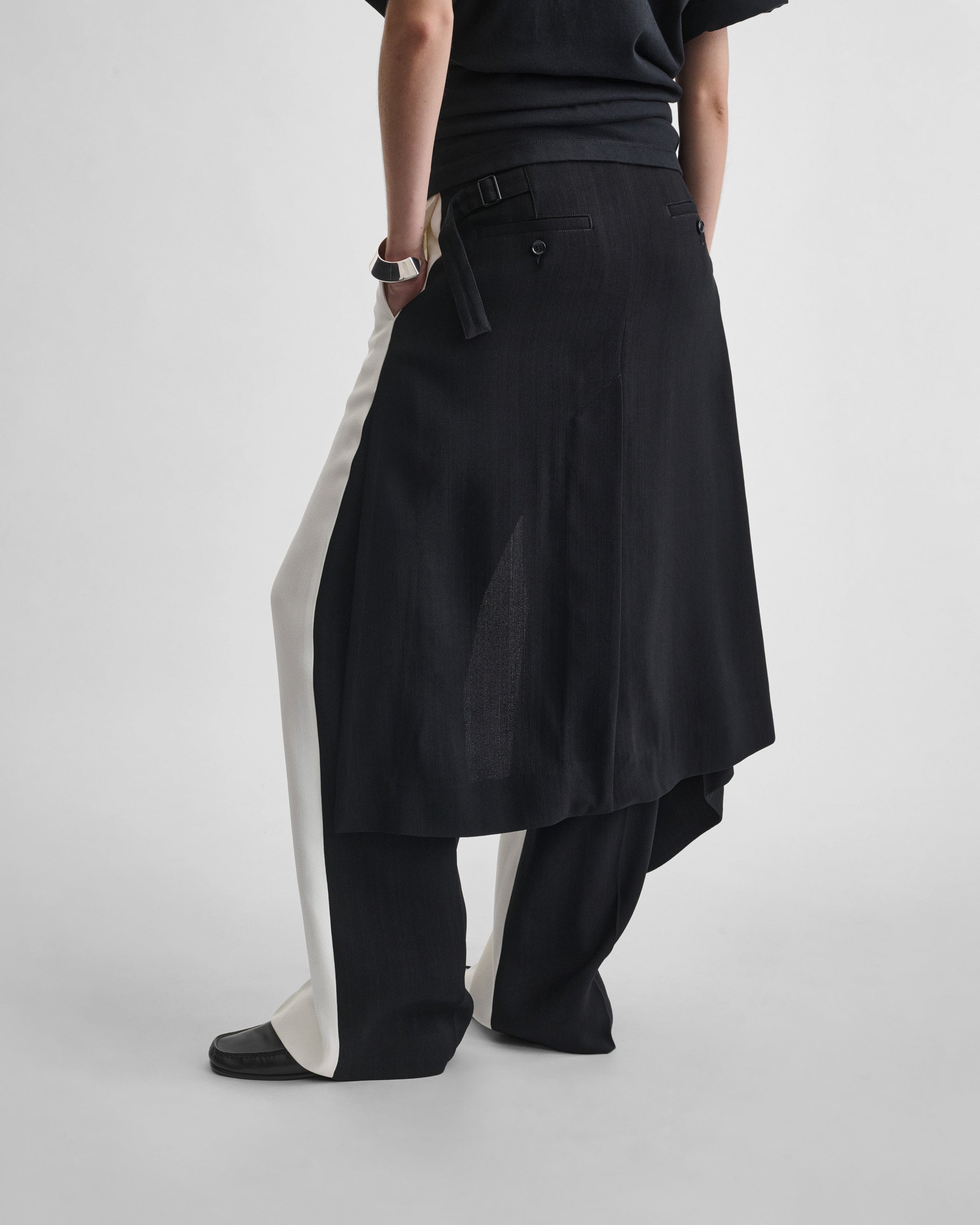 View of APRON TROUSERS in black/white woven viscose