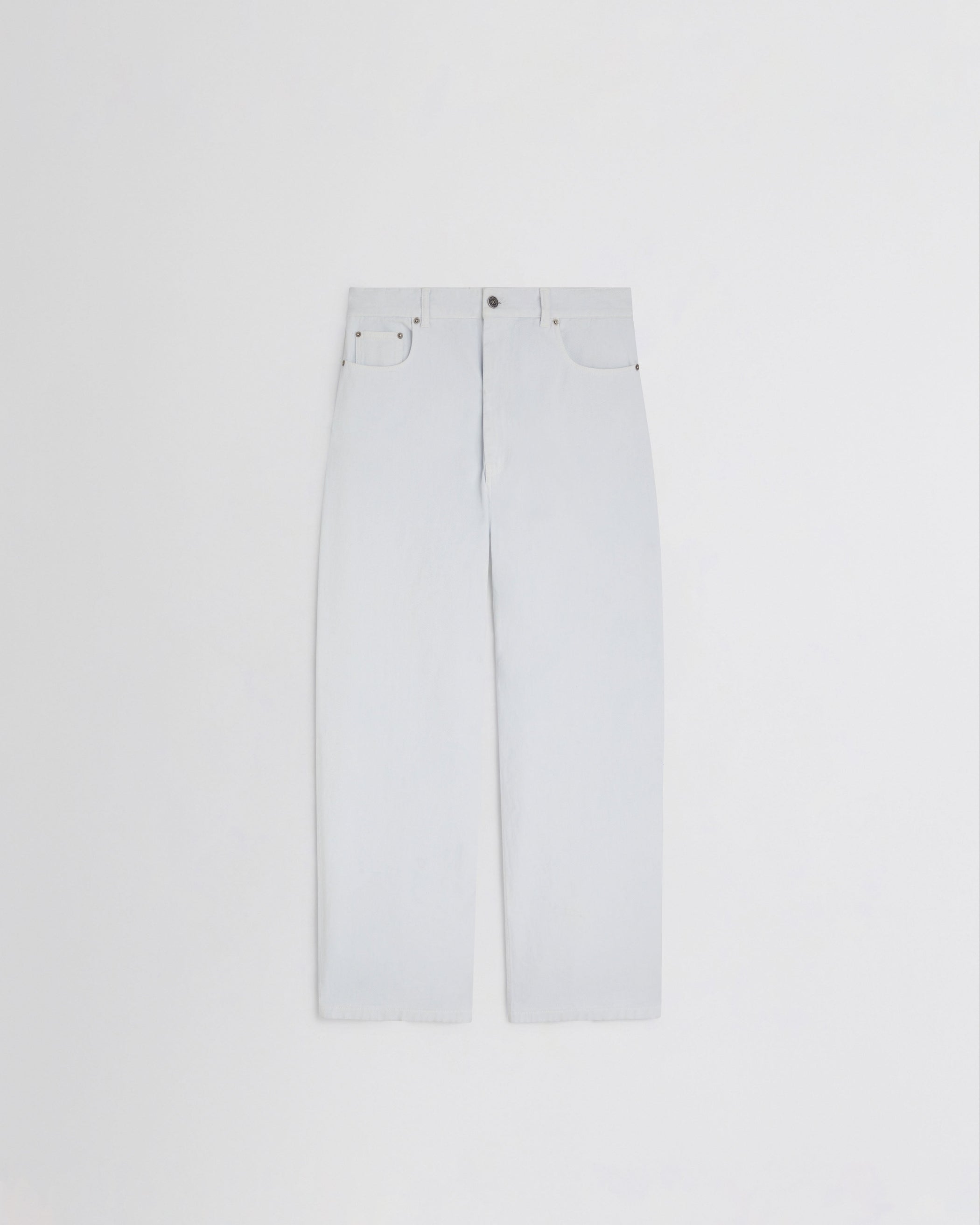 Flat front view of RELAXED ZIP JEANS in pale ice blue cotton