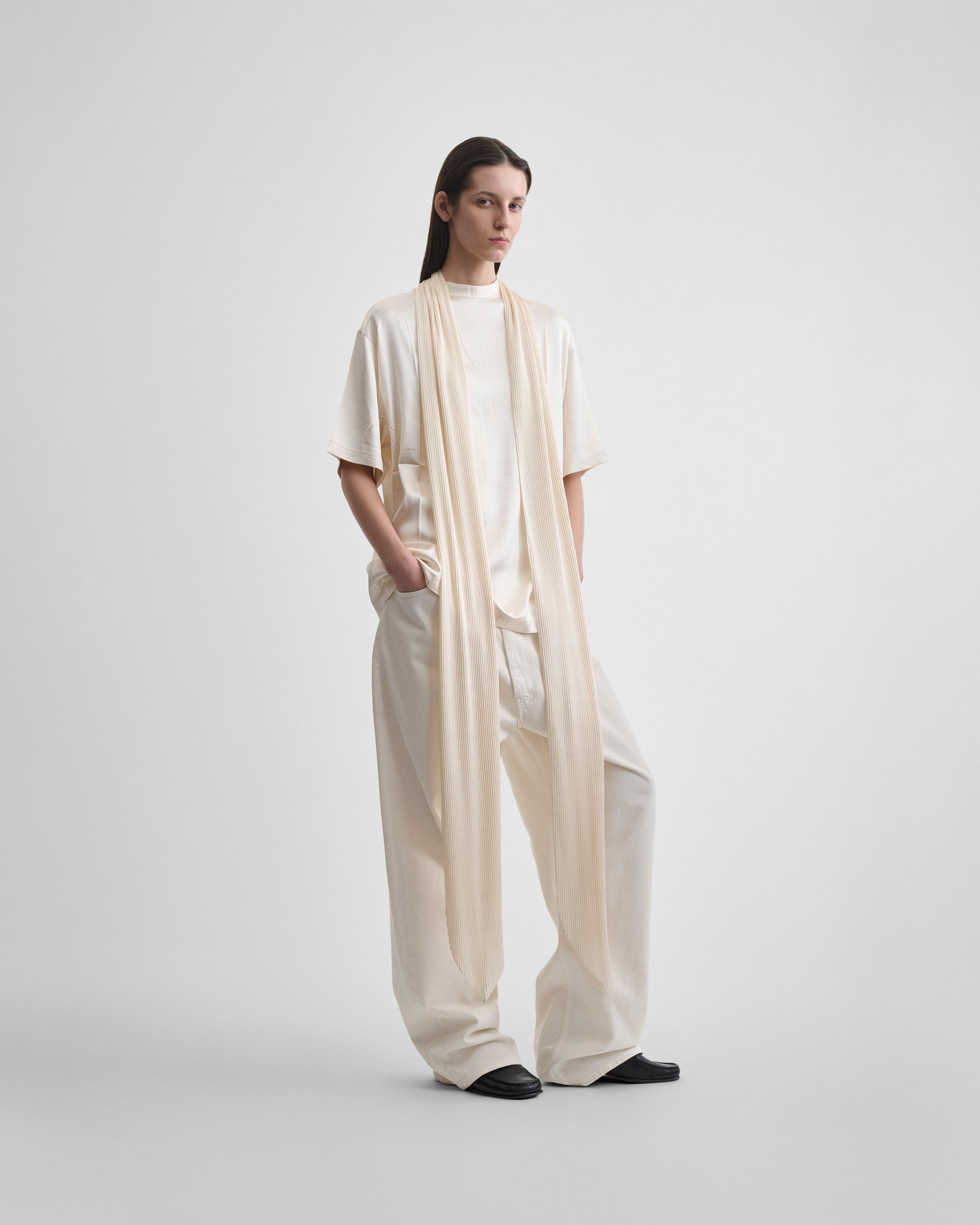 Front view of model wearing SILK SCARF T-SHIRT in cream silk