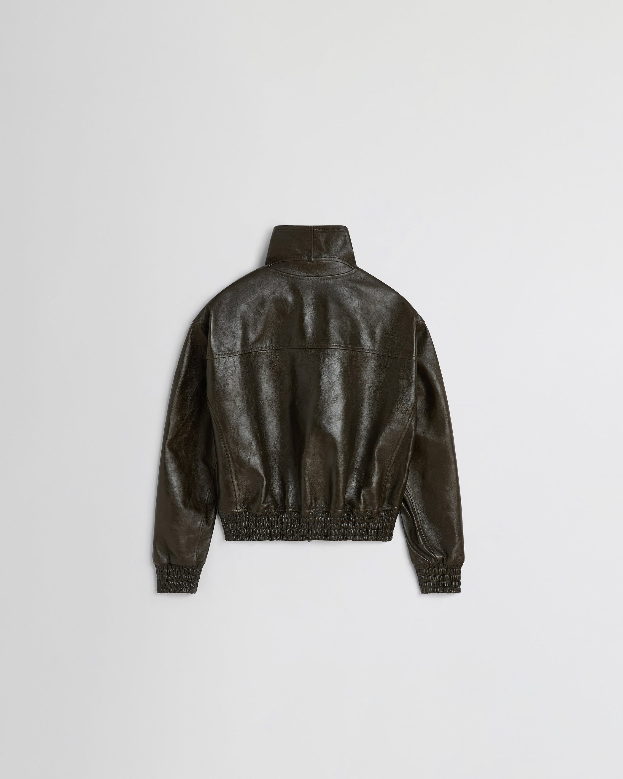 Back flat shot view of AVIATOR JACKET in dark emerald leather