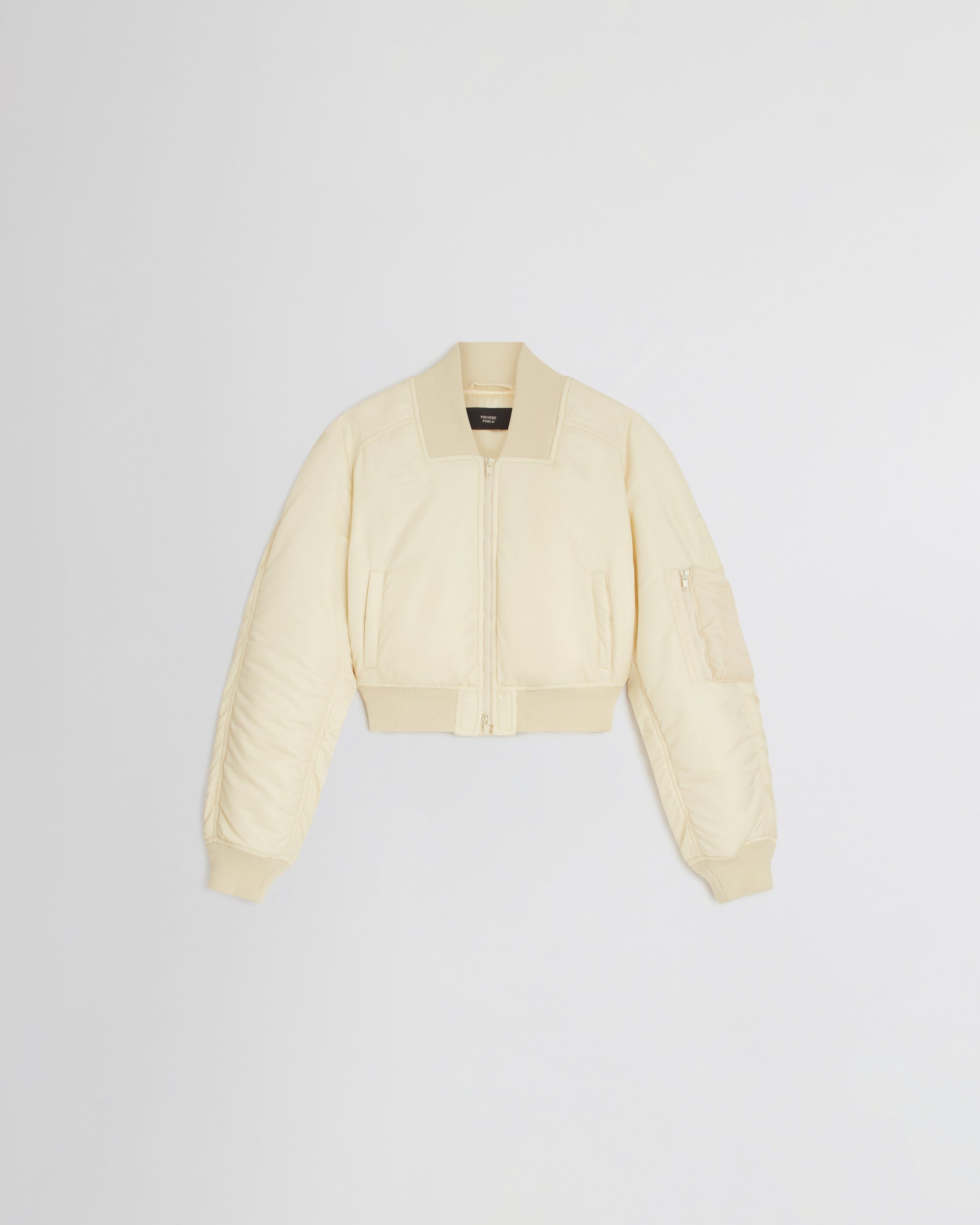 View of SHRUNK BOMBER in cream polyester