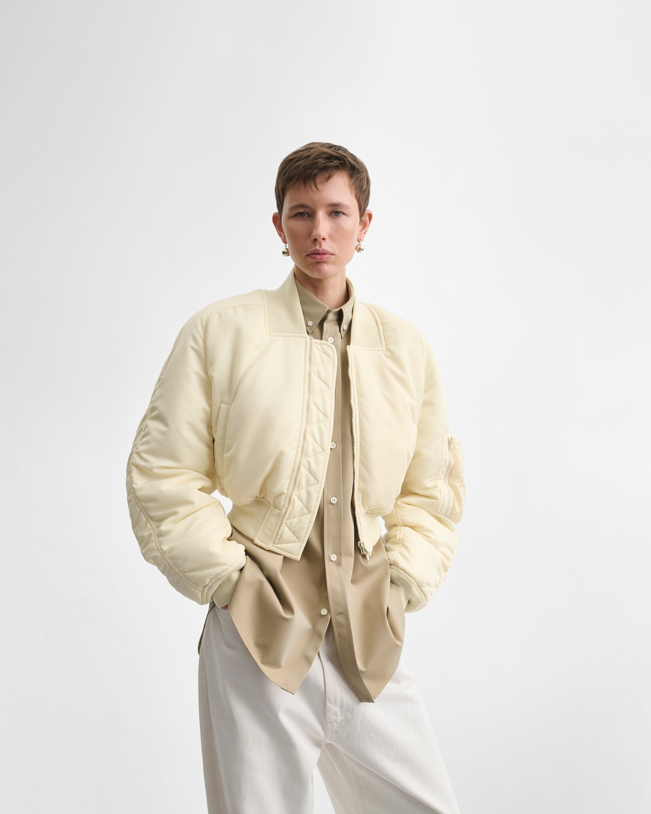 View of SHRUNK BOMBER in cream polyester