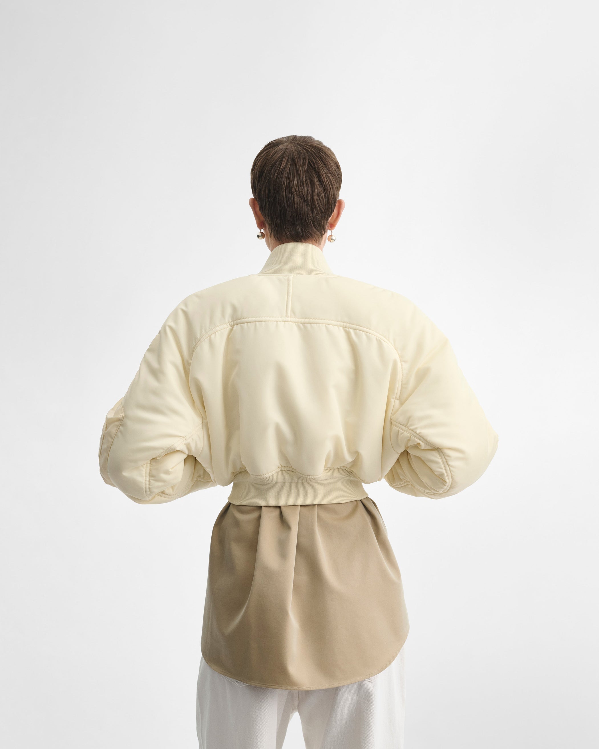 View of SHRUNK BOMBER in cream polyester