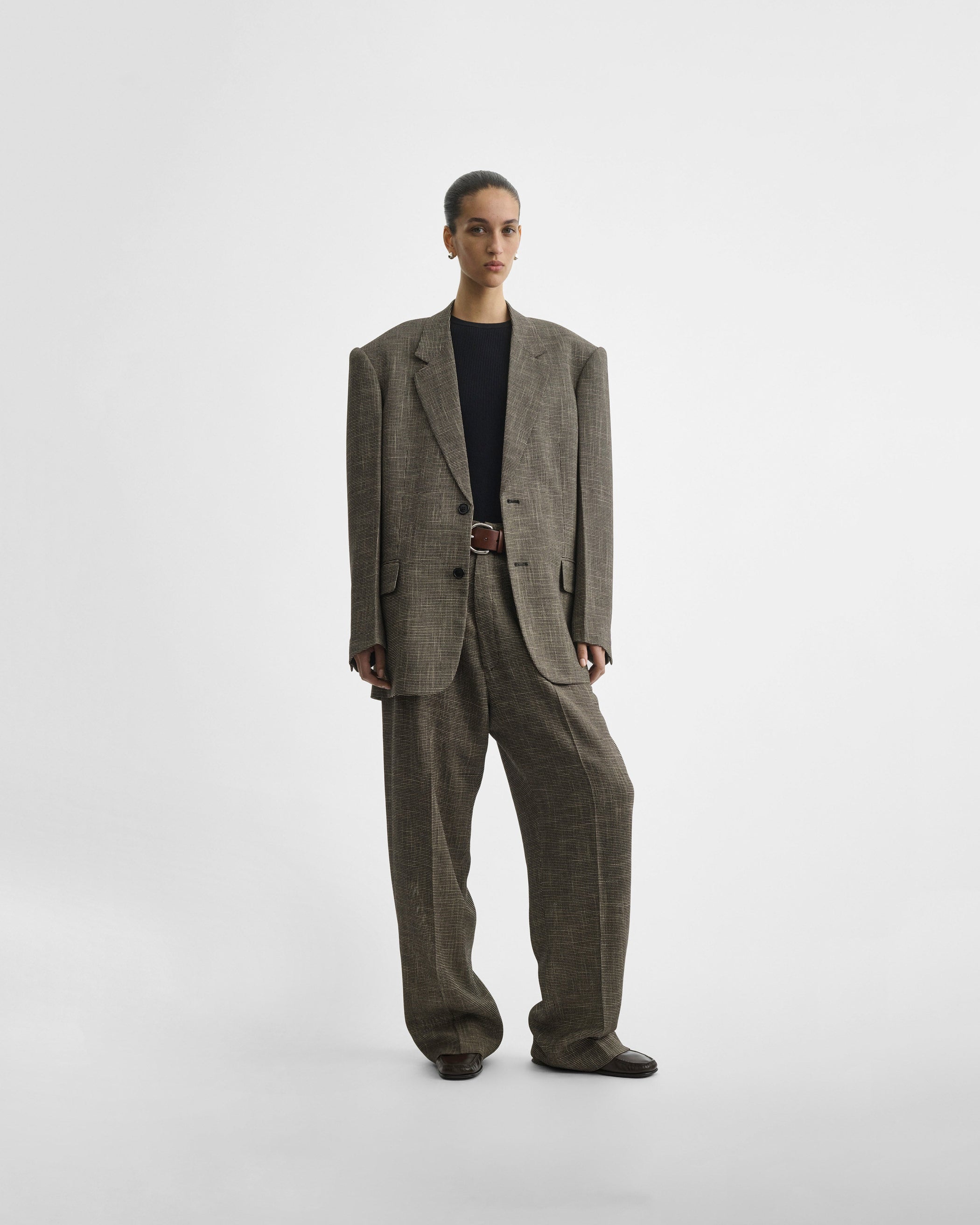Front full length model view of the Tailored Jacket in salt and pepper